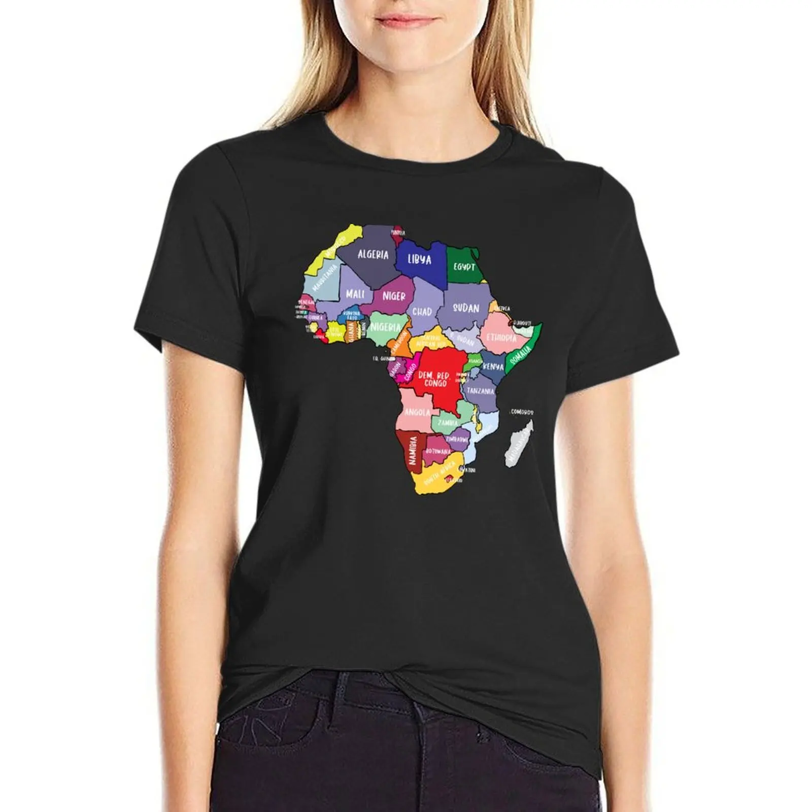 Colorful map of Africa with country names, colored African Continent T-Shirt hippie clothes tops Women