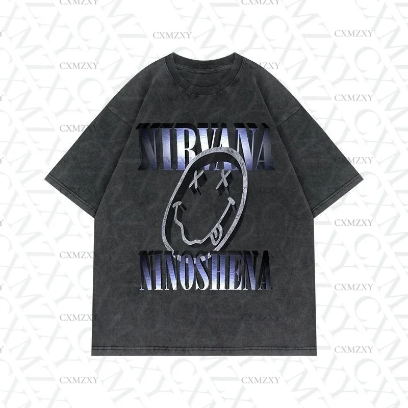 

Vintage Washed Old Short Sleeve T-Shirt Nir vana Rock Band American High Street 100% Cotton