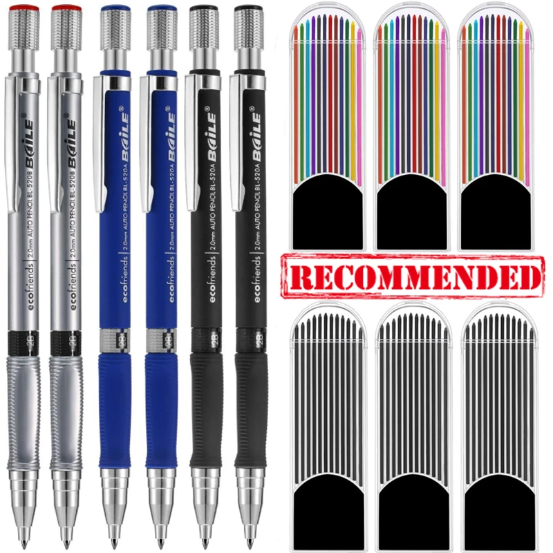 New 2.0mm Mechanical Pencil Set 2B Automatic Pencils with Color/Black Lead Refills for Draft Drawing Writing Crafting Art Sketch