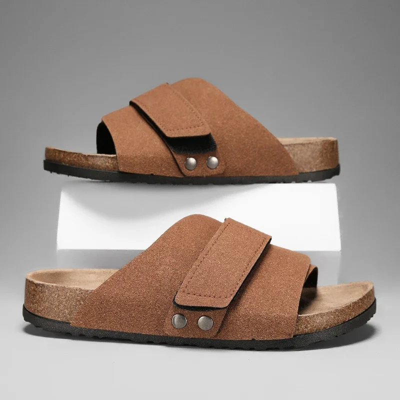 Beach Shoe Men's Summer Sandals 2024 Casual Outside Cork Slippers Solid Color Non-slip PU Leather Slide Shoe Sandalias Slippers