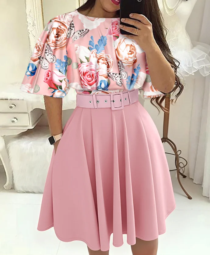 

Flower Print Bat Sleeve Top A-Line Pocket Dress with Belt Elegant Slim Fit Summer Women's A-Line Print Pocket Pleated Dress