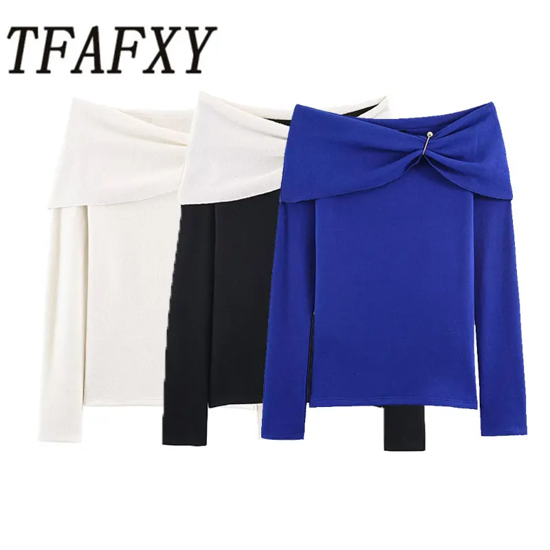 

Женские свитера TFAFXY с открытыми плечами, весна 2026, с длинным рукавом, с вырезом на шее, эластичные пуловеры, вязаный топ для женщин