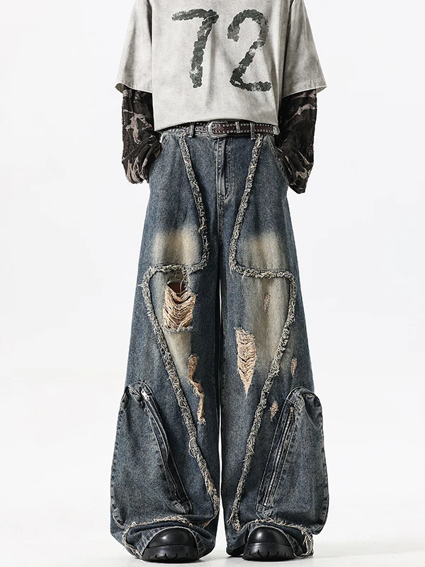 

Men's Straight Leg Jeans Tear Design Large ket Casual Pants Autumn Faion Brand Vibe Cool Haome Wide Leg Trousers