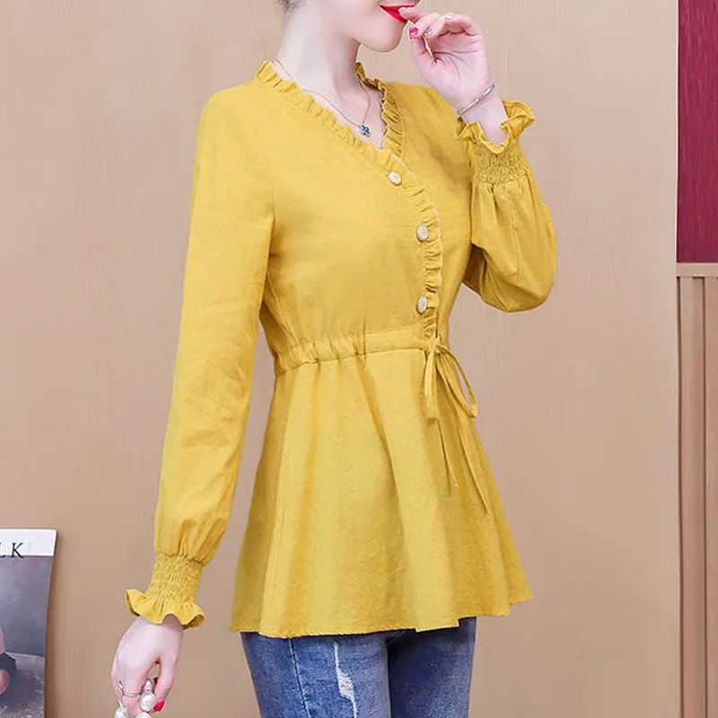 Women's Shirt V-Neck Long Sleeve Lace Up Pullovers Autumn Fashion Elegant Simple Solid Color Waist Casual Folds Spliced Blouses