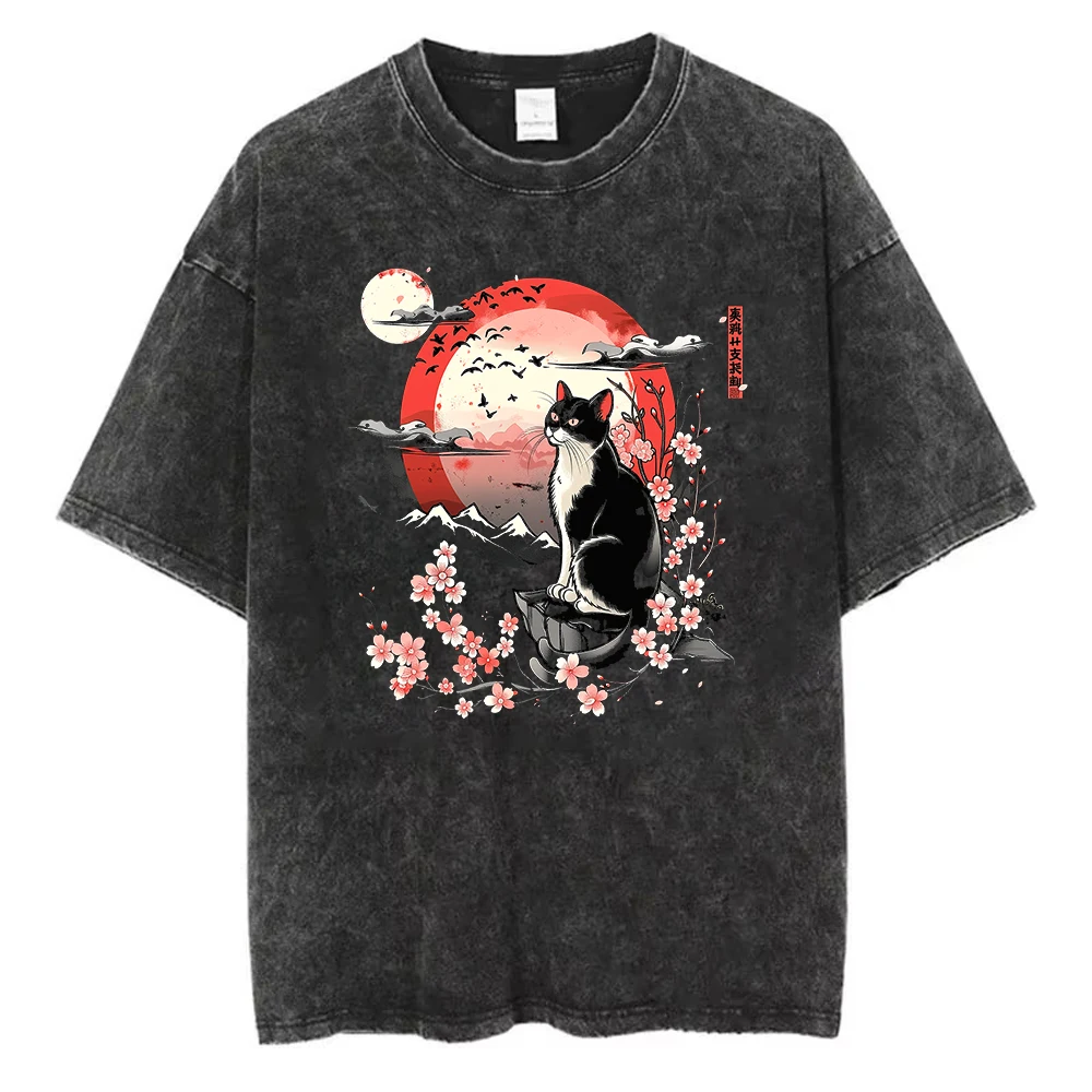 Vintage Japanese Style Black Cat T-Shirt Washed Cotton Ukiyo-e Sakura Graphic Tee Acid Wash Retro Harajuku Streetwear Loose Top