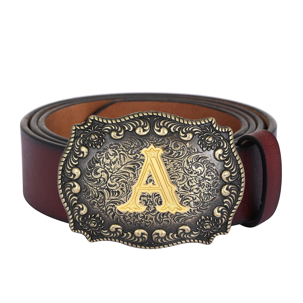 

Western Cowboy Zinc Alloy Genuine Leather Coffee Belt Ancient Blue Initial A-Z Men's Genuine Leather Belt