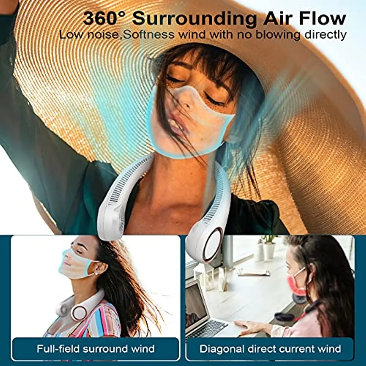 Ventilador de cuello portátil sin aspas, ventilador de refrigeración de 360 grados, 78 rejillas de aire, recargable, para exteriores e interiores