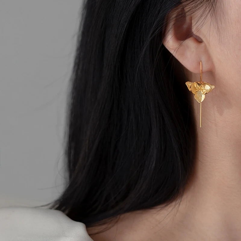 Gold Plated Elegant Phalaenopsis Flower Dangle Drop Earrings Women Dainty Fashion Jewelry Statement Earring 925 Silver Hook Gift