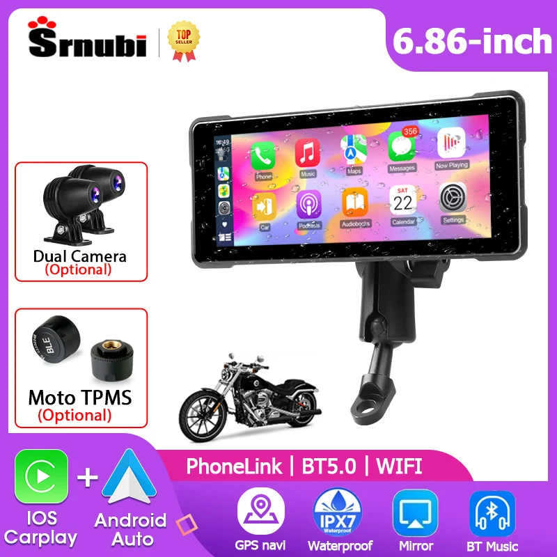 

Srnubi Motorcycle DVR / Player GPS Navigation Wireless Carplay Android Auto Moto Dash Cam Front Rear Camera Dual Bluetooth TPMS
