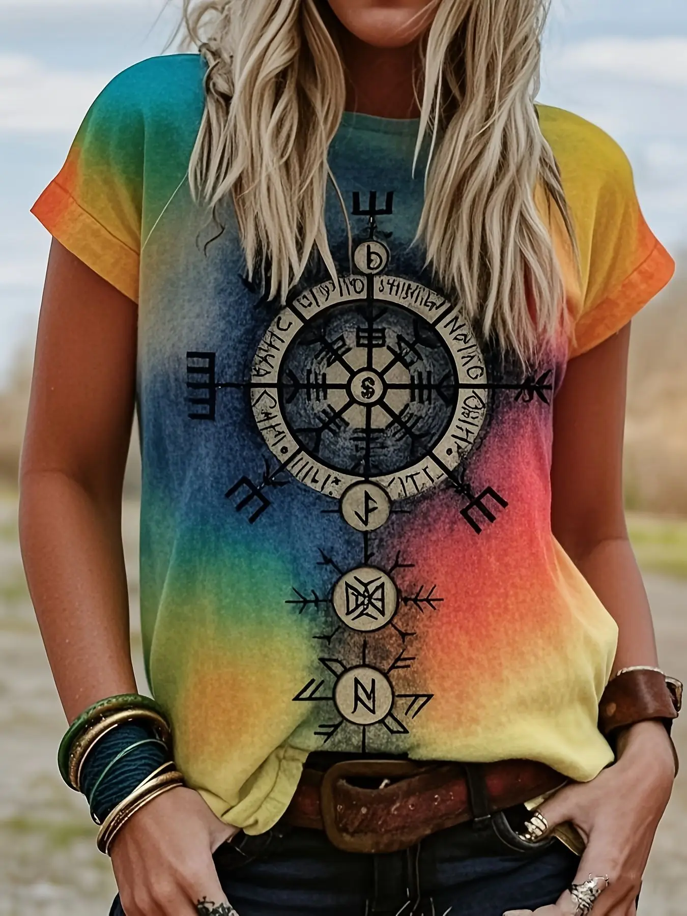 Summer Compass T-Shirts Geometric 3D Print Women's Casual Short Sleeve Round Neck T Shirt Harajuku Y2K Tees Tops Female Clothing