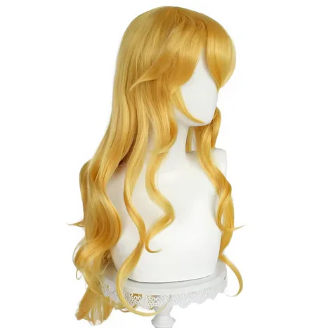 Parrucca cosplay anime sintetica da 28 pollici lunga soffice ondulata giallo dorato con frangia per le donne Costume da principessa femminile per feste di Halloween