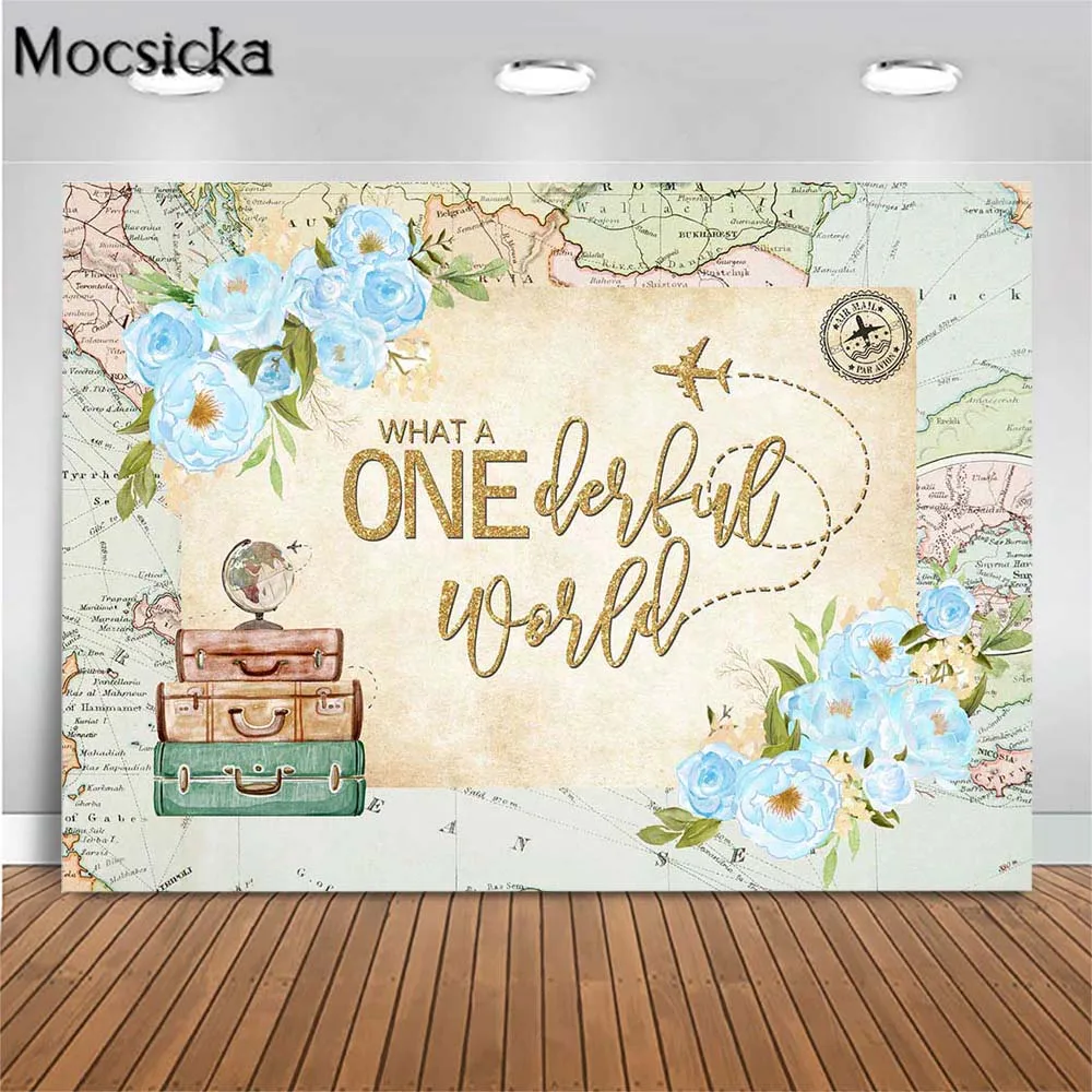 Mocsicka Baby 1st Birthday Party Backdrop Airplane Map What a Onederful World Photo Backgrounds Studio Newborn Photography Props