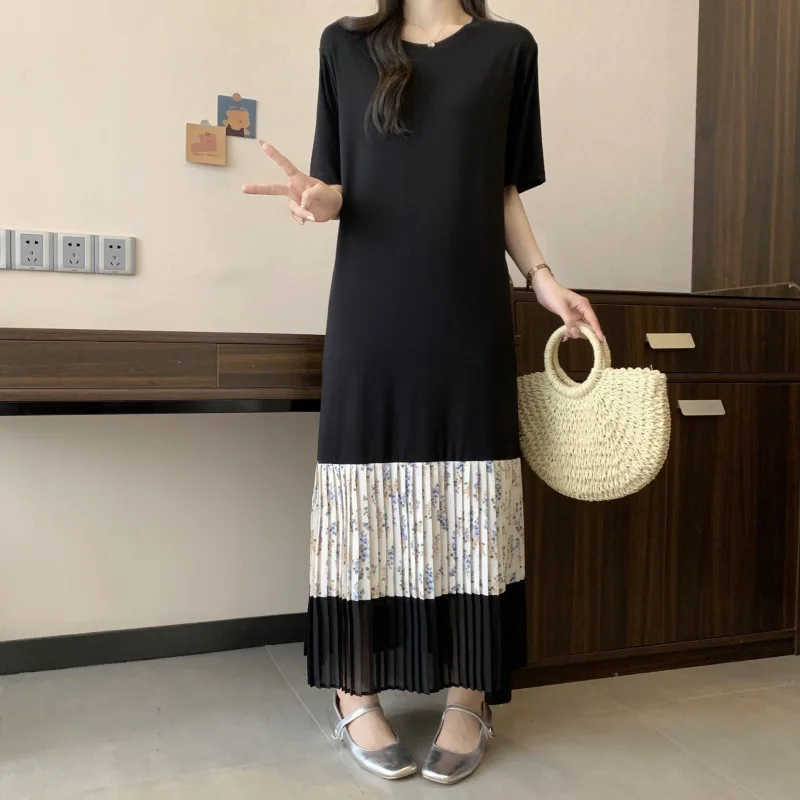 #6137 Spliced Chiffon Pleated T Shirt Dress Women Vintage O-neck False Two Piece Tshirt Dress Ladies Black Straight Streetwear