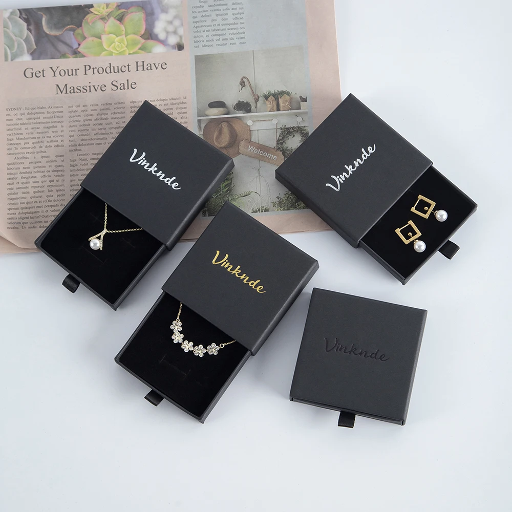 Custom Logo Pull-Out Thin Drawer Jewelry Packaging Boxes White Black Paper Kraft Case Ring Necklace Bracelet Earring Storage Box