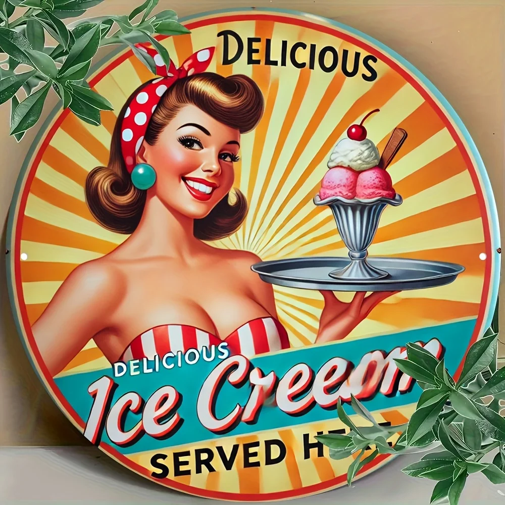 [2D flach] 1 Stück, 20,32 x 20,32 cm rundes Aluminiumschild, dekoratives Schild über Retro-Eiscreme-Mädchen, köstliches Eiscreme-Vintage-Stil