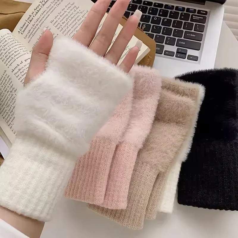 Autumn and Winter Soft Faux Mink Fur Half Finger Gloves Women Knitted Warm Wrist Connected Gloves Car Driving Office Writing