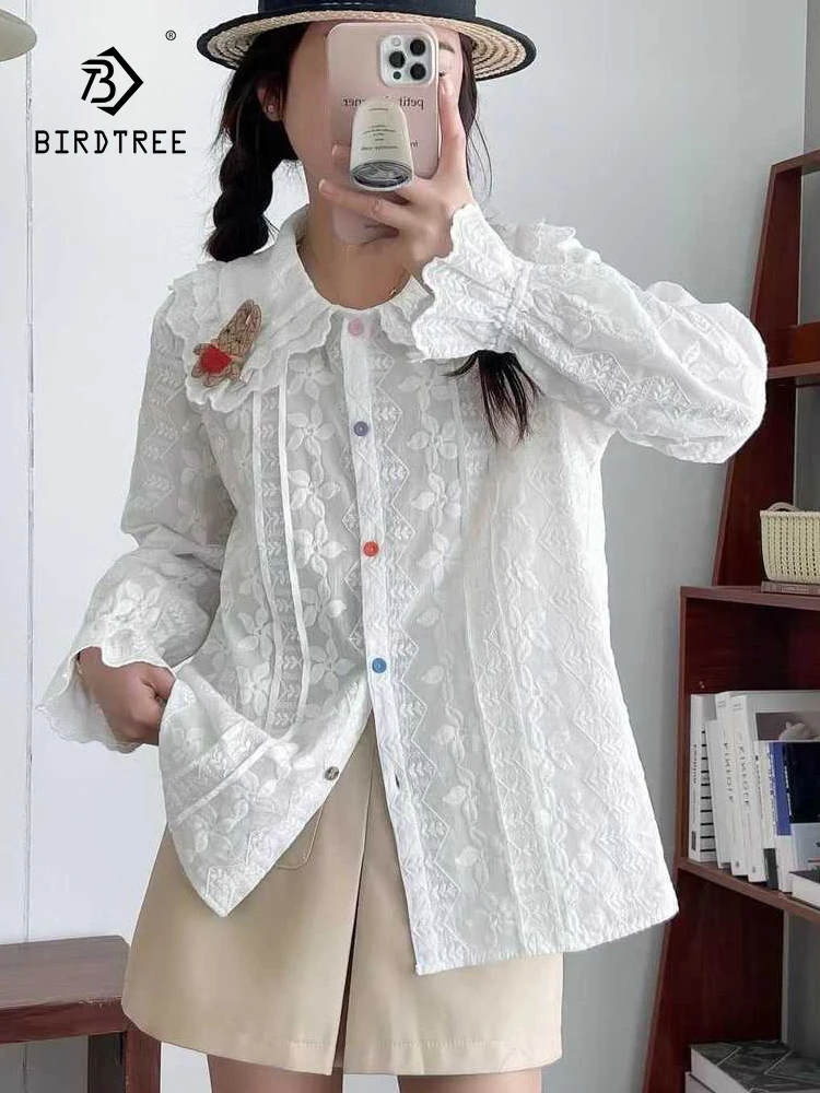 

Новая осенняя хлопковая рубашка с длинными рукавами 2025, женская свободная блузка с отложным воротником и вышивкой, Mori Girl Sweet Age Reduction T59478CC