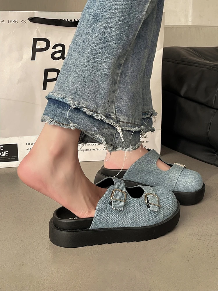 

Mules For Women 2024 Loafers Low Female Shoes Cover Toe Ladies' Slippers New Denim Summer Slides Fabric Rubber Scandals Hoof Hee