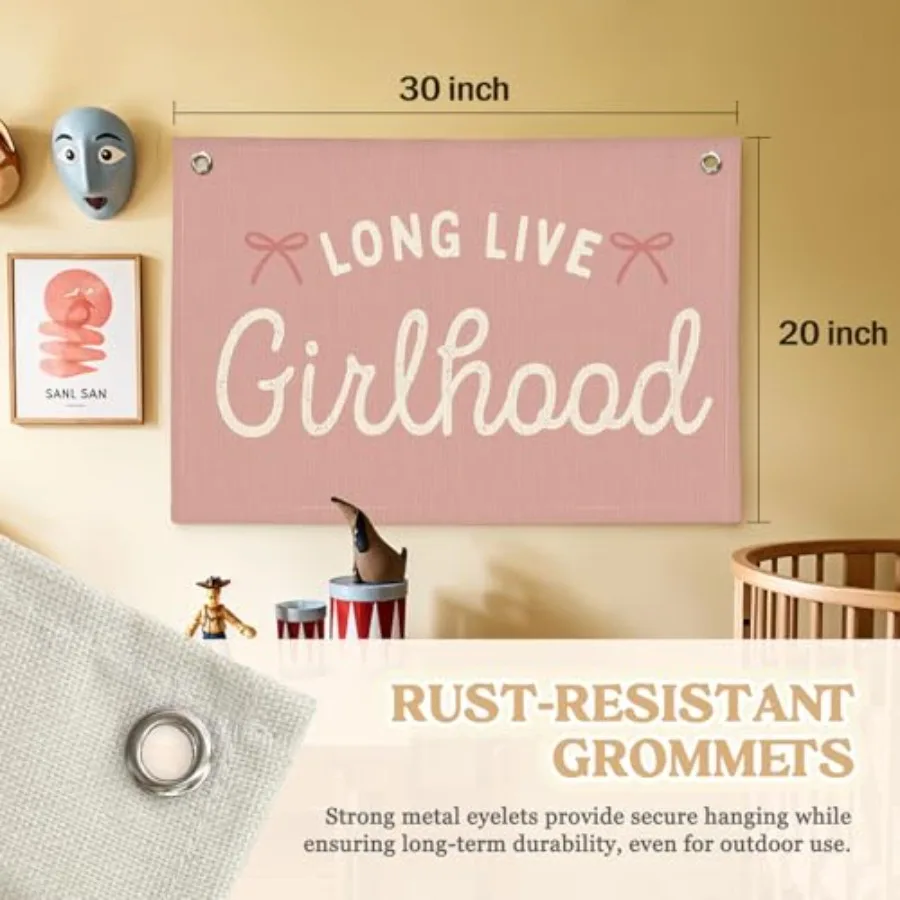 Girls Nursery Decor, Girlhood Linen Canvas Banner, Boho Girls Room Decor Coquette Pink Bow Wall Hanging for Nursery Bedroom 30x