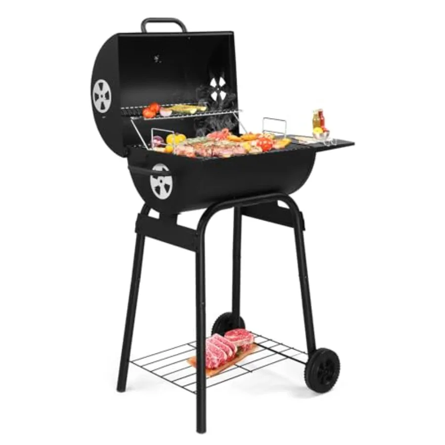 

Barrel Charcoal Grill with Side Table and Wheels for Outdoor Cooking in Garden Patio Backyard and Party Use Durable Smoker Gril