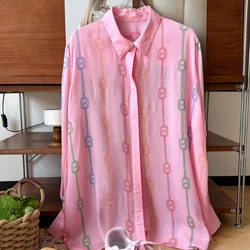 Women Pink Printed Loose Long-sleeved Shirt Elegant  High Quality Casual Basic Fashion Korea French Chic Female Blouses