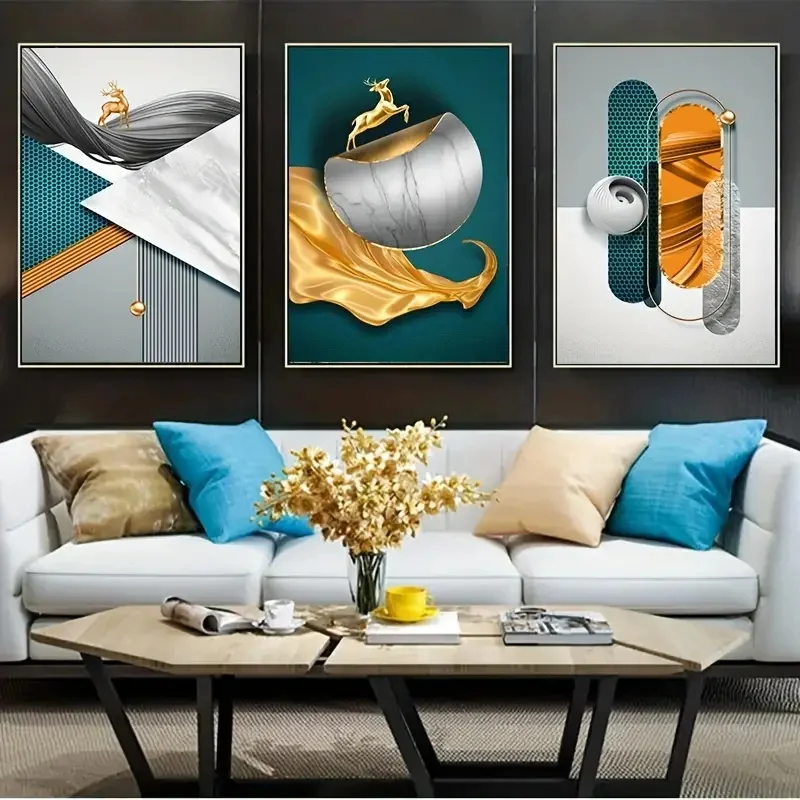 

Abstract Modern Geometry golden deer marble HD Print Wall Art Canvas Painting Living Room Home Decor Frameless