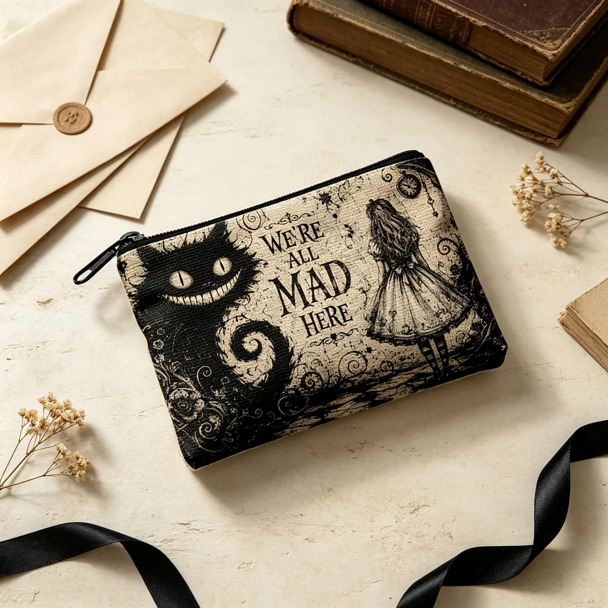 We're All Mad Here Alice in Wonderland Canvas Cosmetic Bag Vintage Cheshire Cat Gothic Zipper Pouch Travel Makeup Toiletry Bag