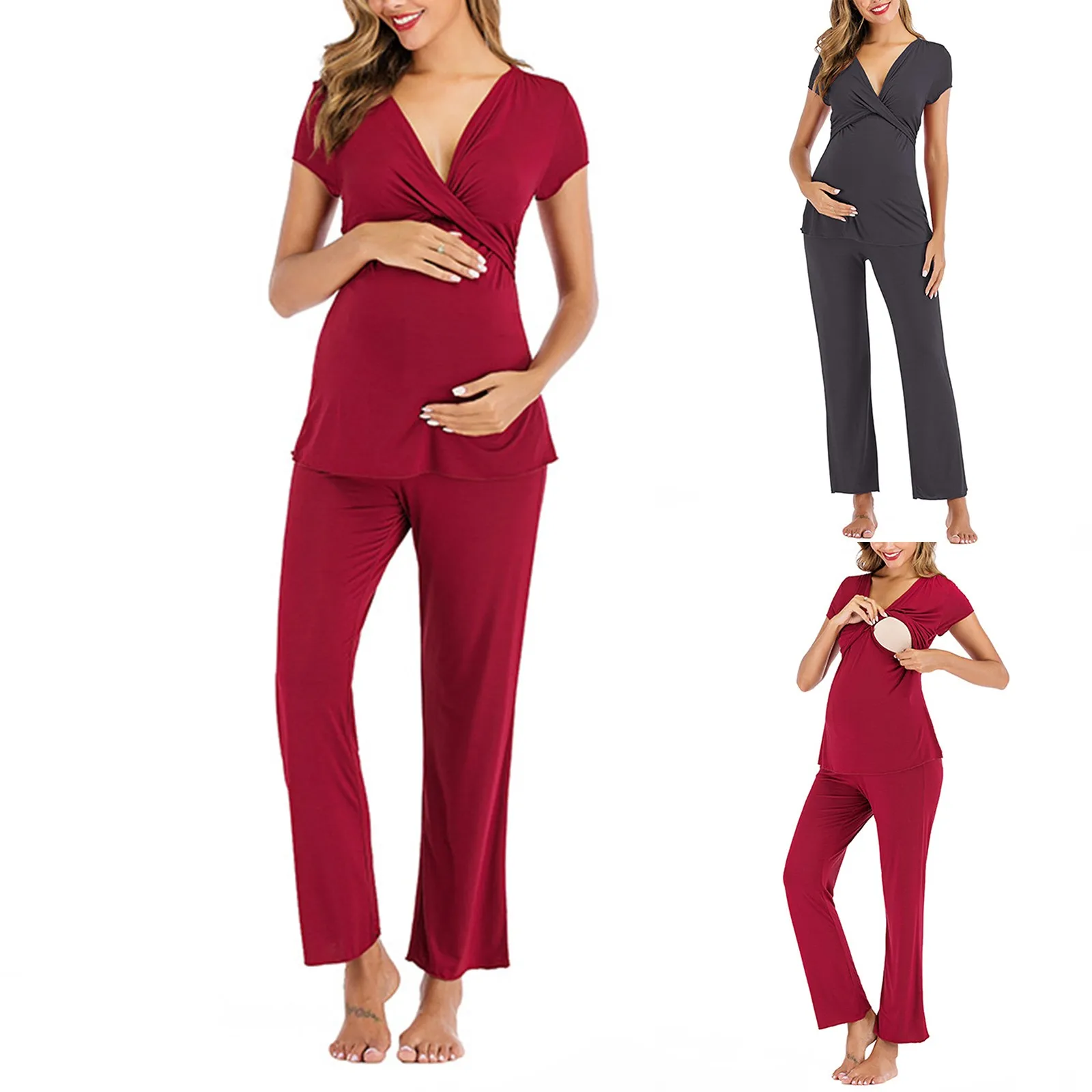 

Женский пижамный комплект для беременных с короткими рукавами и V-образным вырезом, топ и длинные брюки, комплект домашней одежды из двух предметов для беременных и кормящих мам
