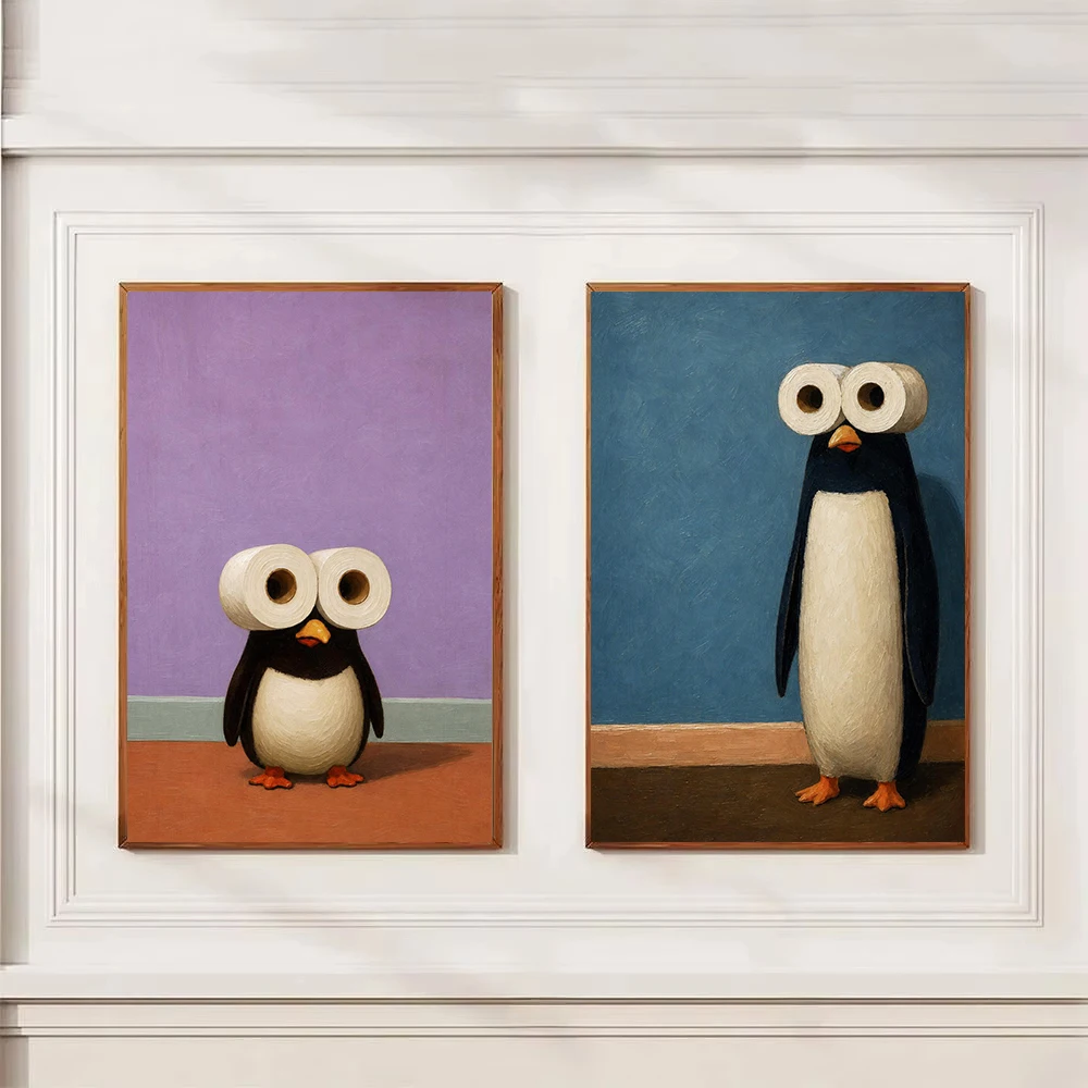 Funny Penguin Toilet Paper Eyes Poster Print, Whimsical Animal Mouse Black Cat Canvas Painting  Wall Art Quirky Home Decor