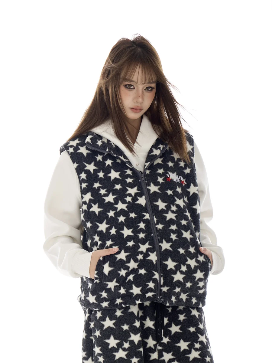 

Retro American Style Women's Loose Fit Zipper Sleeveless Lamb Fur Vest Autumn Winter Fashionable Design Casual All Match