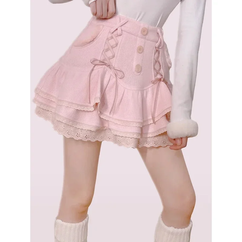 Japanese kawaii Lolita Mini skirt women Winter lace casual elegant sweet female skirt high waist bandage Korean skirt 2024 New