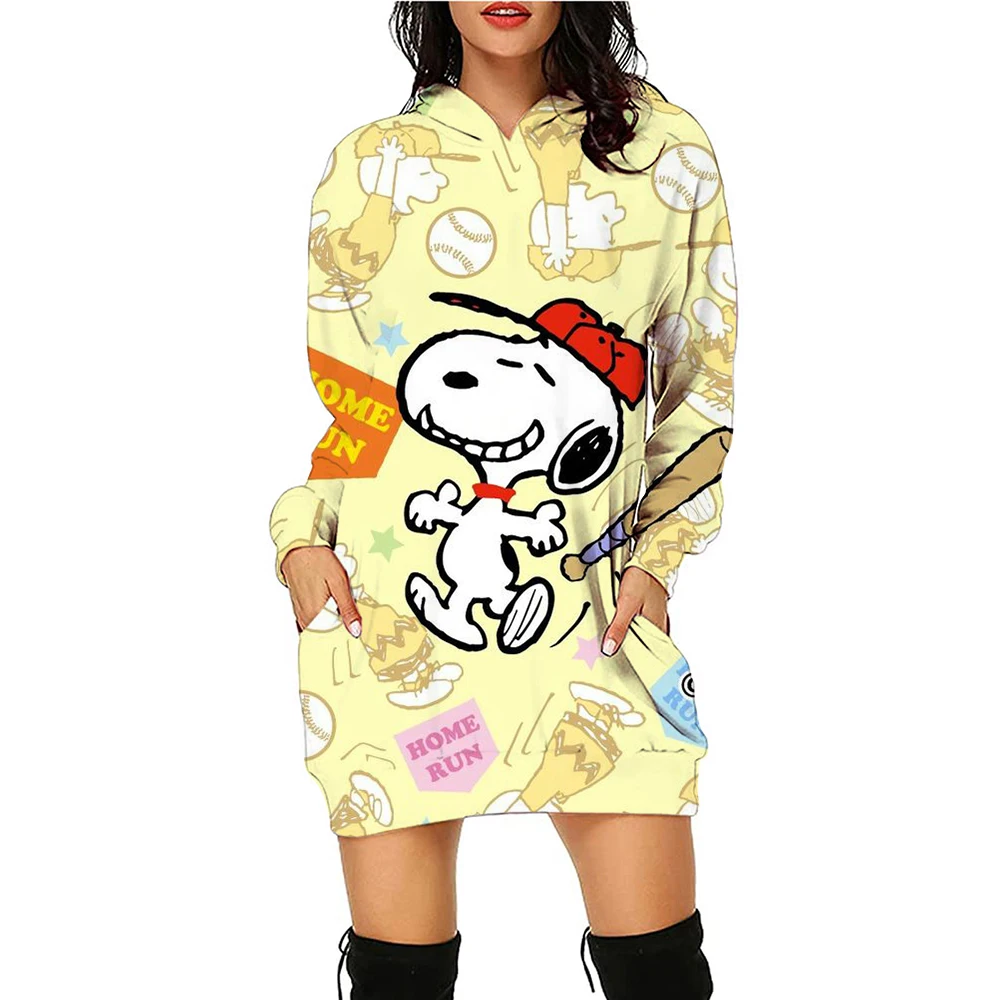 Autumn and Winter Women\'s Hoodie Dress Snoopy Printed Fashion Long Sleeve Hoodie Dress Casual Hoodie Women\'s Pullover Dress