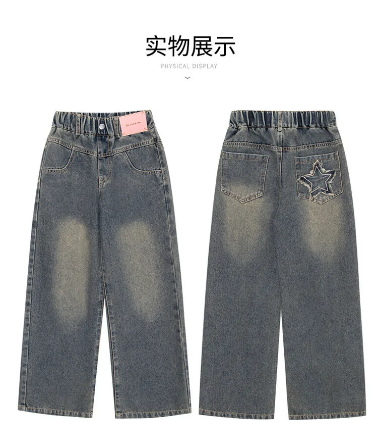 5-14 Jahre Frühling Herbst Mädchen-Jeans, modische Retro- und Vintage-Hose mit fünfzackigem Sternmuster und Stickerei, weit geschnittene Hose für Teenager-Mädchen – Detail 22