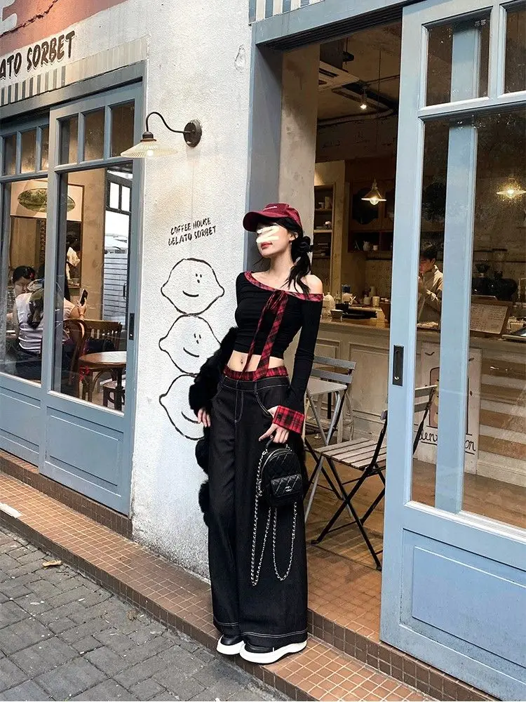 Korean Sexy Slash Neck Women T Shirts Y2K Fashion Patchwork Lace Up Crop Top Harajuku Streetwear Slim All Match Ladies Tees New