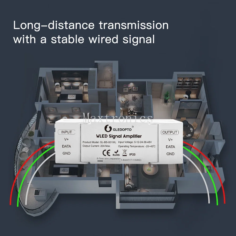 WLED Signal Amplifier Booster 10m Extension LED Strip Enhancer MAX 20A for WS2811 WS2812 SK6812 Digital Controller GL-BS-001WL