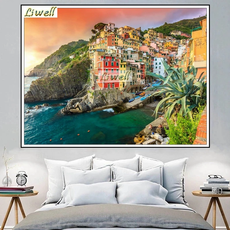 Italië Coast Stad Diamant Schilderij Manarola Cinque Terre Landschap Volledige Vierkante Borduren Kruissteek Hnadwork Gift Room Decor