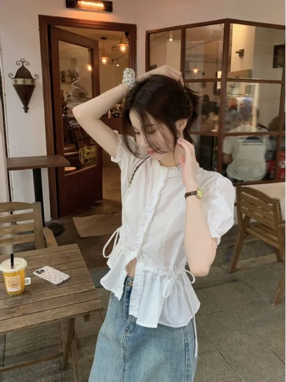 

Нежный Ветер: Женская блузка с утягивающим эффектом на талии, дизайн для стройности, новинка 2025 года, весна-лето, модная сенсация, маленький размер.