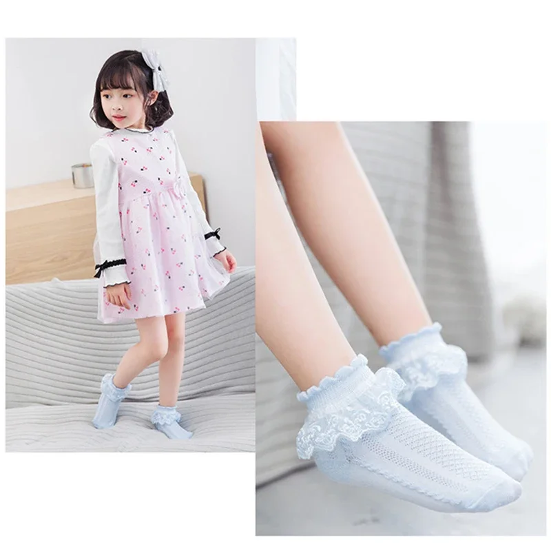 5 Pairs/Lot Girls Socks Summer New Mesh Style Cotton Thin Baby Socks Trendy Elastic White Lace Flowers Children Princess Socks