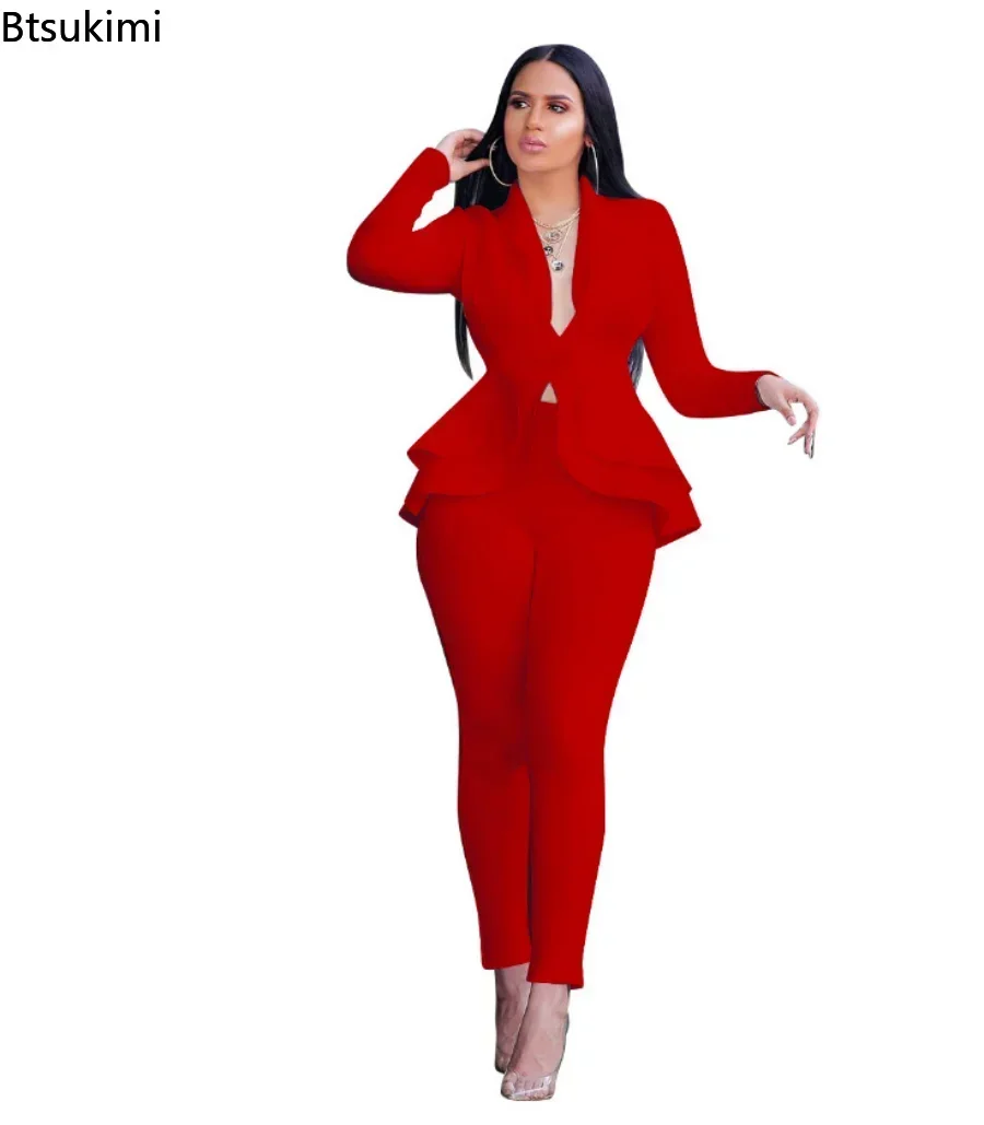 2025 Women\'s Formal Set 2PCS Tracksuit Full Sleeve Ruffles Blazers Pencil Pants Suit Two Piece Set Office Lady Outfits Uniform