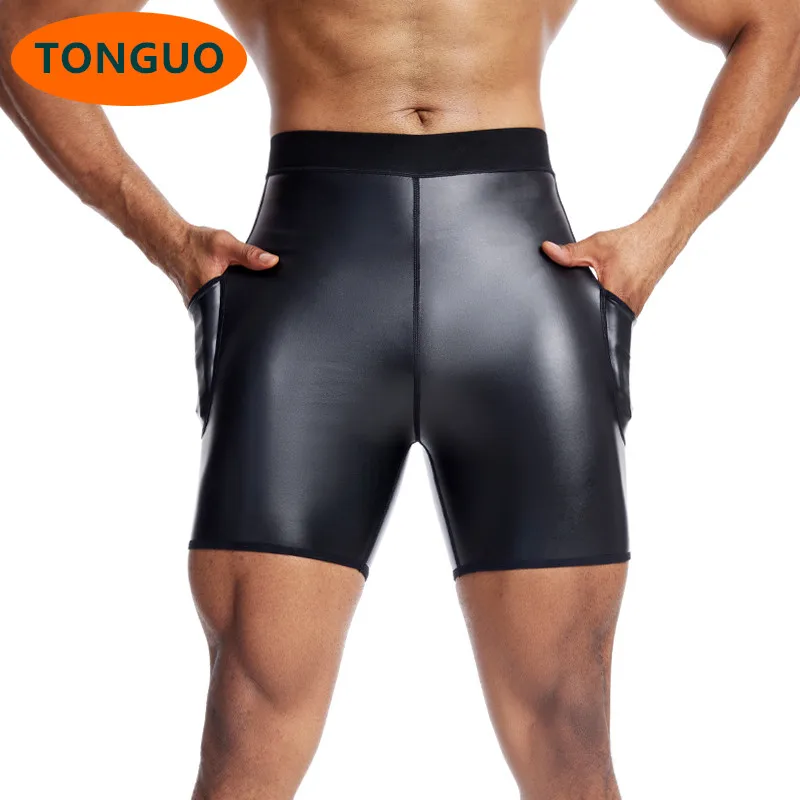 New Men's Leather Shorts Beach Pants Male Solid Color Club Party Fitness Streetwear S-4XL Men's Casual PU Leather Workout Shorts