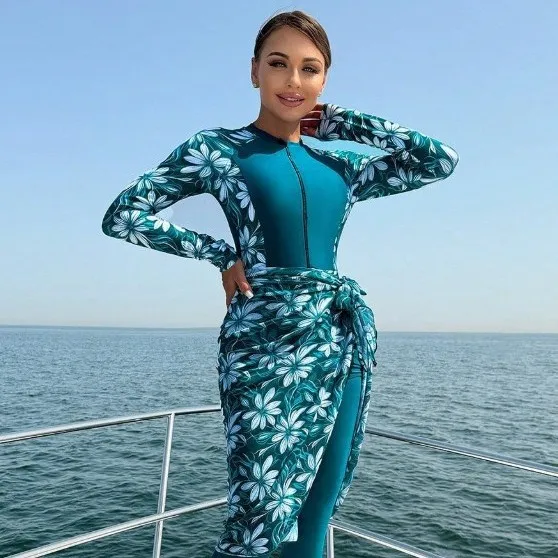 Modest Muslim Burkini 3‑Pcs Swimsuit Floral Print Long Sleeve Front Zip Cover‑Up Skirt Pants Conservative Women Beach Swimwear