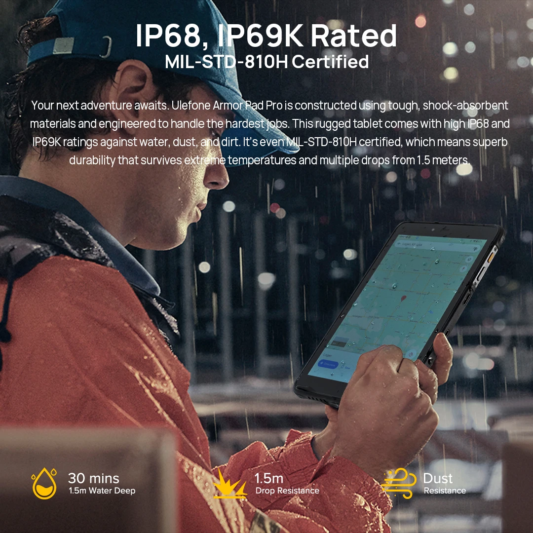 Ulefone Armor Pad Pro Rugged Tablet IP68/IP69K 4G MT8788 16GB RAM(8GB+8GB Virtual RAM) 128GB ROM 48MP 7650mAh Android 13