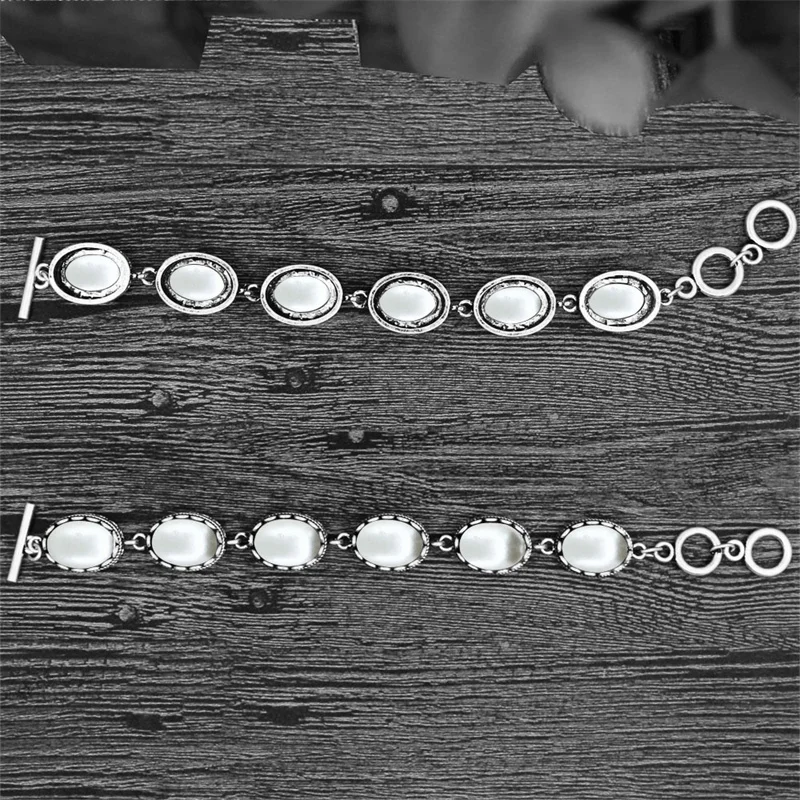 Oval Pearl Bracelet For Women Vintage Strand Bracelet Antique Silver Plated Cocktail Party Fashion Jewelry