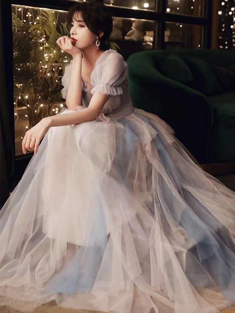 فستان سهرة أنيق عتيق بأكمام قصيرة وياقة مربعة مثير بطيات على شكل حرف a من التل أنثى بدون ظهر فستان أداء طويل للولائم