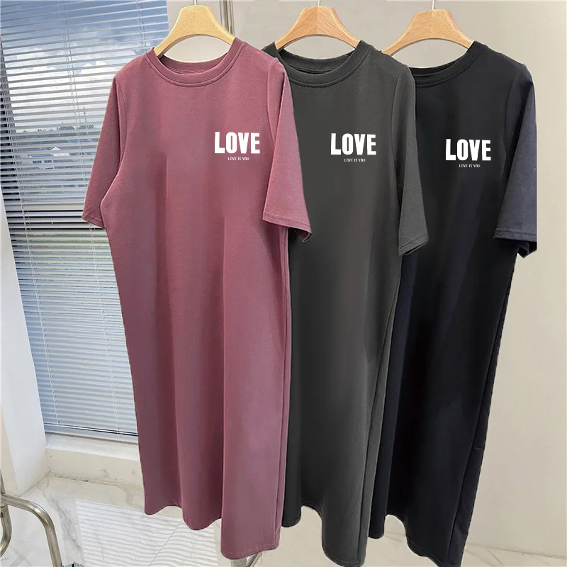 Damen Übergröße LOVE-Print Lässiges Maxikleid mit Seitenschlitz Kurzarm O-Ausschnitt Lockeres T-Shirt-Kleid
