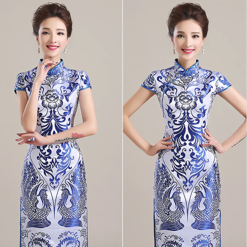 Chinese Evening Dress Cheongsam Women Blue And White Porcelain Pattern Retro Party Qipao Chinese Traditional Eleganti Slim Long