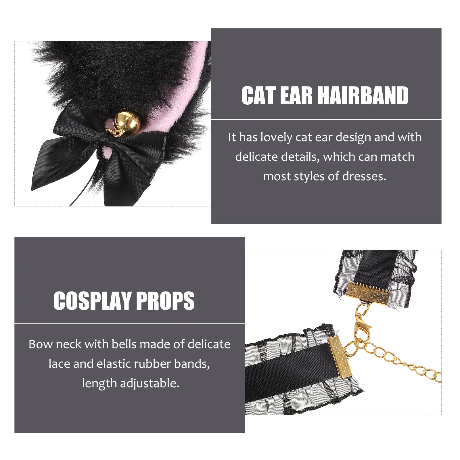 3 ensembles oreilles de chat bandeau nœud dentelle cloche collier Cosplay Performance Costume accessoires oreilles de chat bandeau col en dentelle