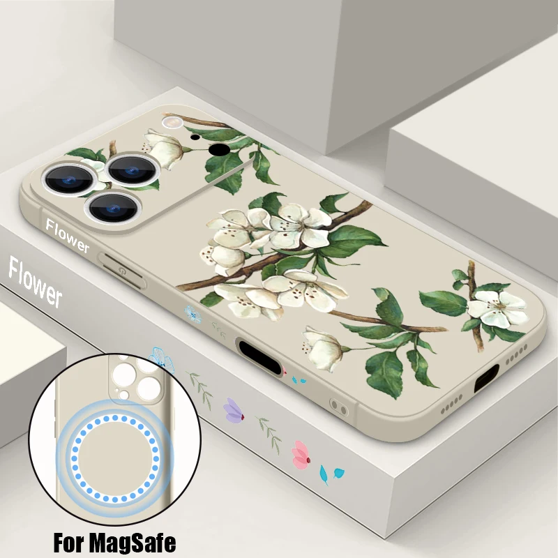 

White Flower Case For iPhone 17 Pro Max iPhone 16 15 14 13 Pro Max Magnetic For Magsafe Soft Silicone Phone Back Cover Funda