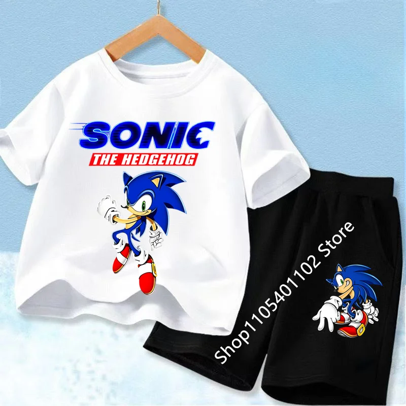 Fashion Anime Children's T-shirt Set Sonics The Hedgehog Top Short Sleeve + Shorts Two-piece Set Girls Boys Cosplay Costume