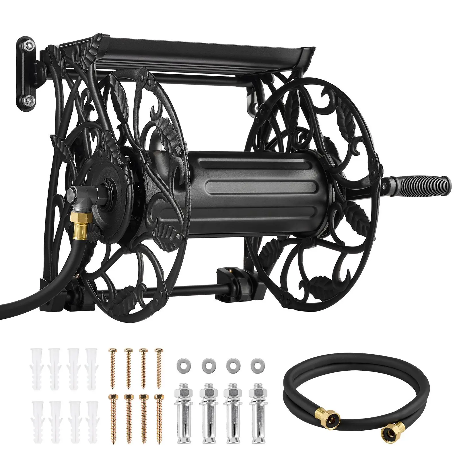 Wall Mounted Garden Hose Reel, Holds 135 Feet of 5/8-inch Hose, Outdoor Heavy-Duty Waterhose Holder Winder, with Widened Top Tra
